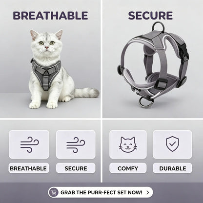 Escape-Proof Cat Harness and Leash Set - Adjustable, Comfortable, and Breathable with Reflective Strip and Soft Mesh Vest for Safe Walking, Includes Summer Version