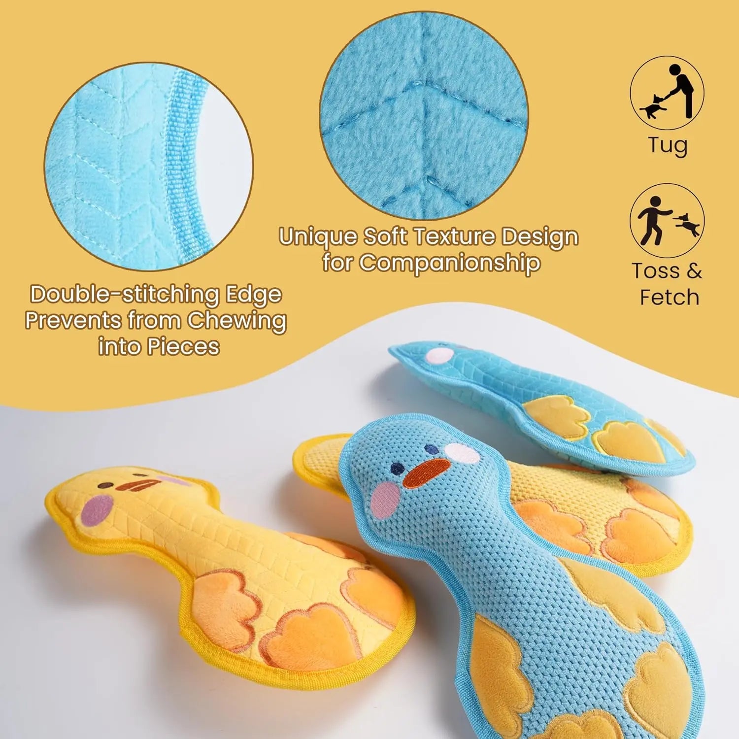 Duck Squeaky Dog Toy - Dual Layer Plush Toy for Aggressive Chewers, Durable Teething and Comfort Toy in Yellow/Blue