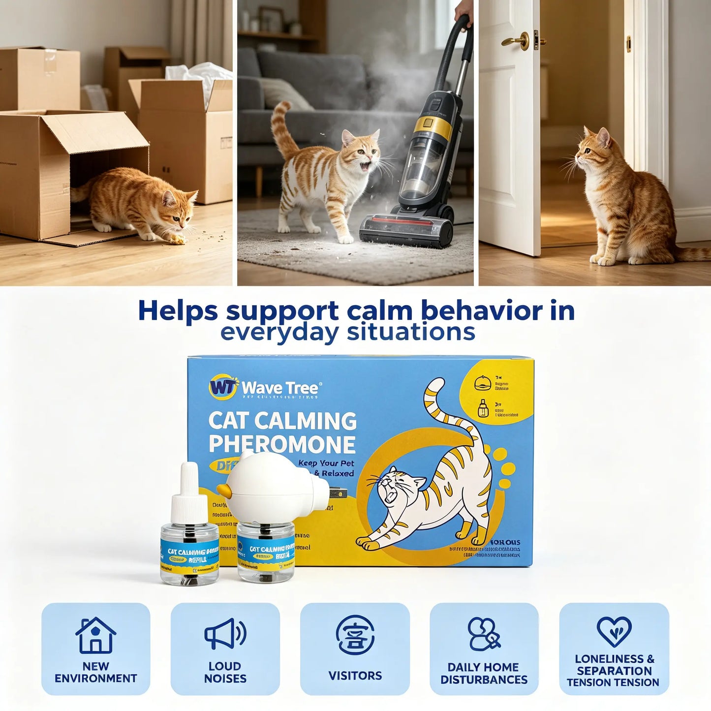 Wavetree Cat Calming Diffuser Kit - 60-Day Supply with Starter Kit and Refill | Supports Stress Relief, Urine Marking, Scratching, Excessive Meowing, and Multi-Cat Environments | Results May Vary