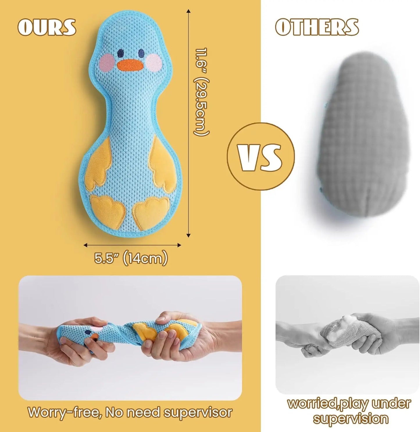 Duck Squeaky Dog Toy - Dual Layer Plush Toy for Aggressive Chewers, Durable Teething and Comfort Toy in Yellow/Blue