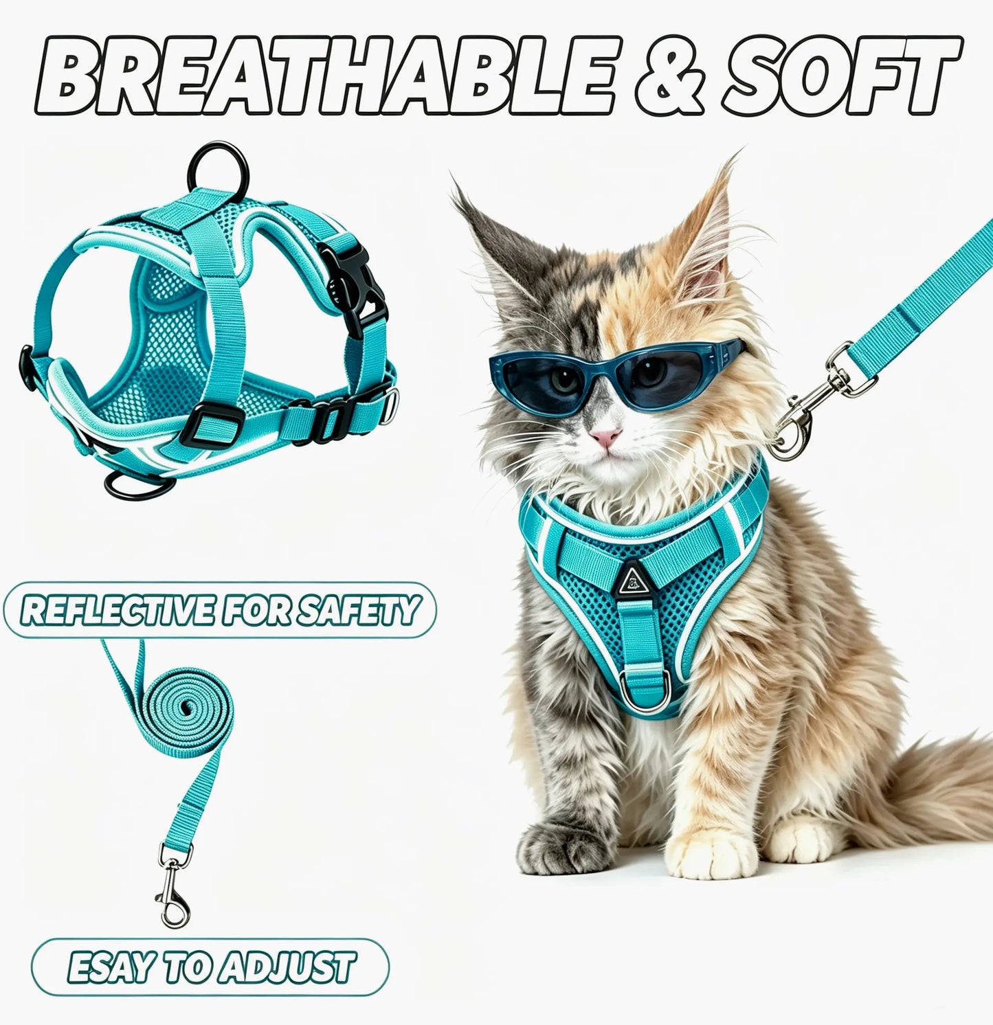 Escape-Proof Cat Harness and Leash Set - Adjustable, Comfortable, and Breathable with Reflective Strip and Soft Mesh Vest for Safe Walking, Includes Summer Version