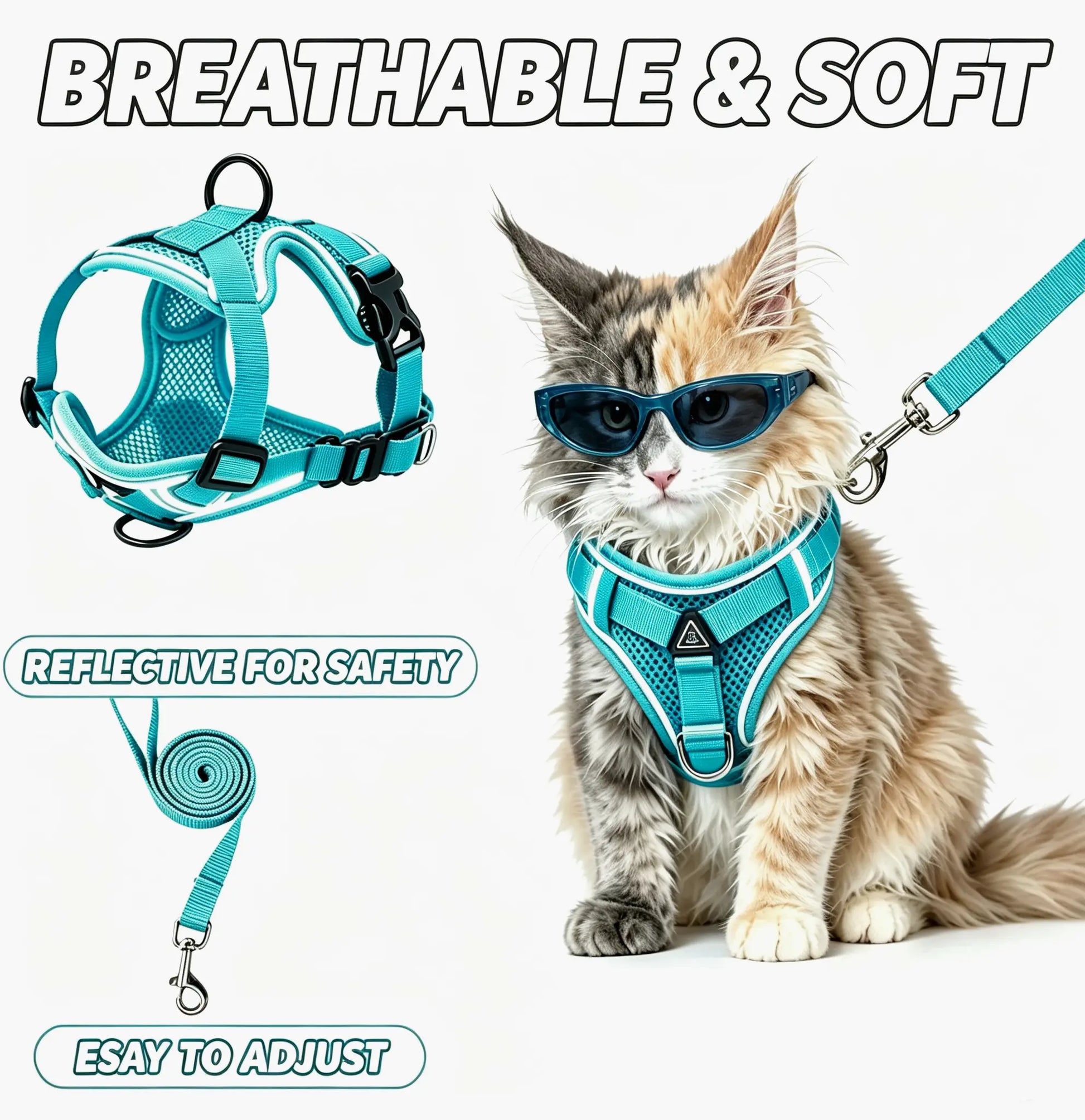 Escape-Proof Cat Harness and Leash Set - Adjustable, Comfortable, and Breathable with Reflective Strip and Soft Mesh Vest for Safe Walking, Includes Summer Version