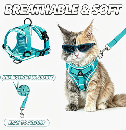 Escape-Proof Cat Harness and Leash Set - Adjustable, Comfortable, and Breathable with Reflective Strip and Soft Mesh Vest for Safe Walking, Includes Summer Version