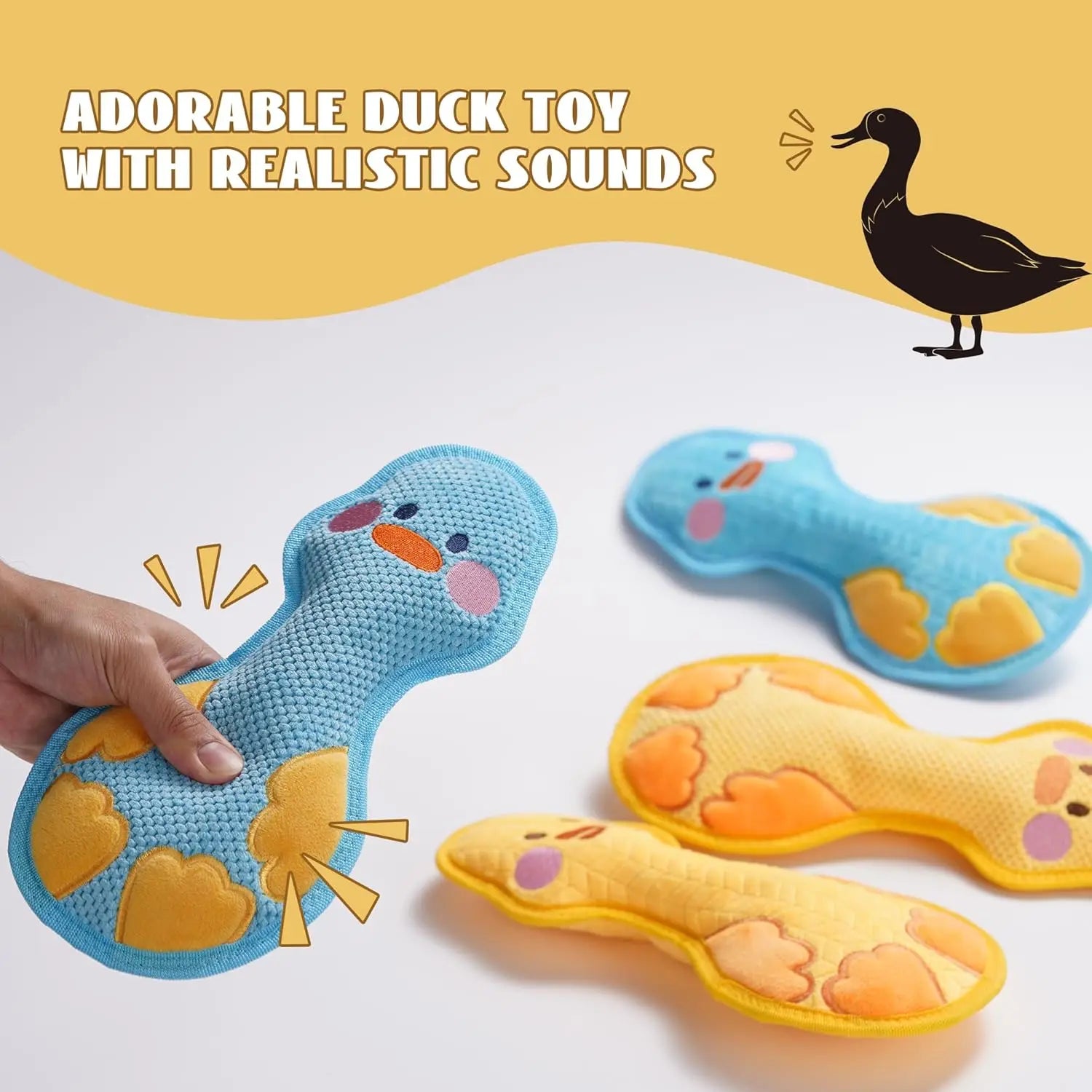 Duck Squeaky Dog Toy - Dual Layer Plush Toy for Aggressive Chewers, Durable Teething and Comfort Toy in Yellow/Blue